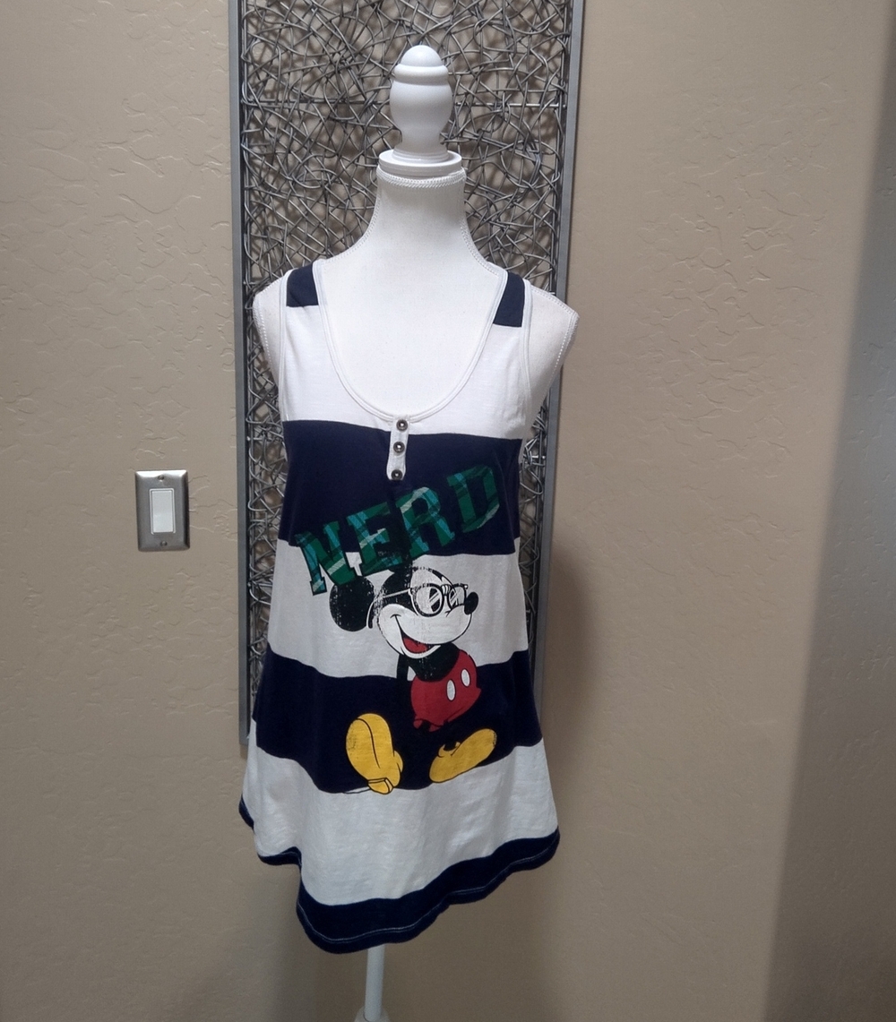 Disney Parks Navy & White Striped Mickey Mouse 'NERD' Henley Tank Top